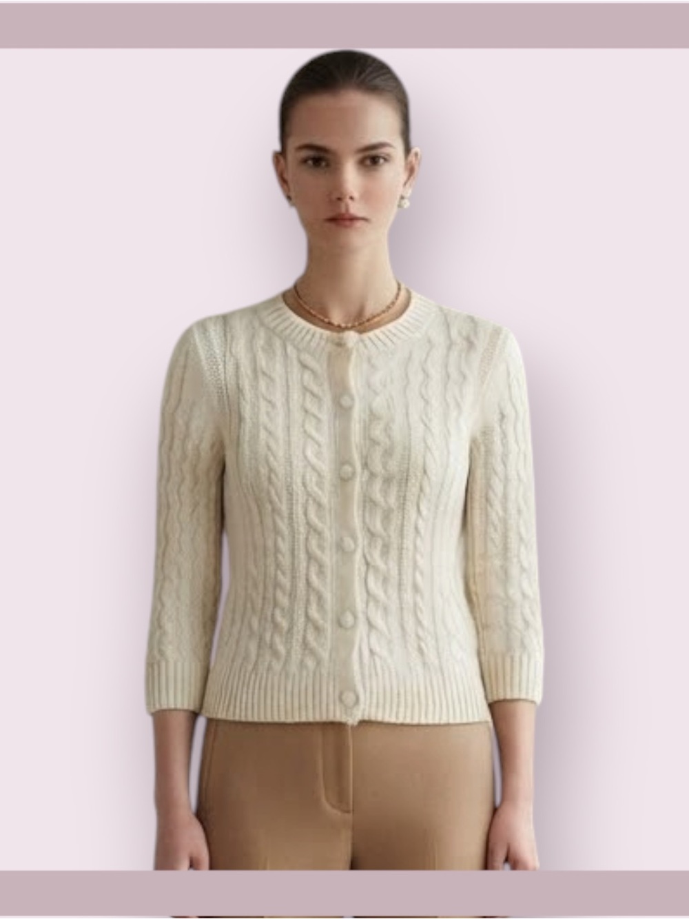 Bohme Classic Cream Cable Knit Crewneck Cardigan